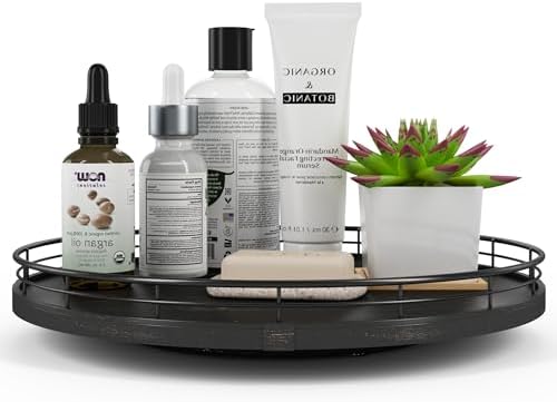 AMH 13-Inch Oak Lazy Susan Vanity Tray with Black Brushed Gold Finish Rail by AMH