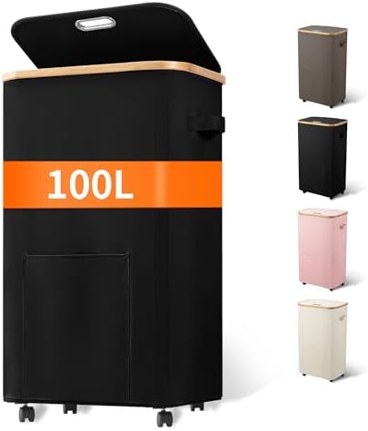 Vincona Laundry Basket with Wheels, Tall Dirty Clothes Hamper on Wheels, Rolling Laundry Hamper with lid for Dorm, Bedroom and Bathroom (Black, 100L) by Vincona