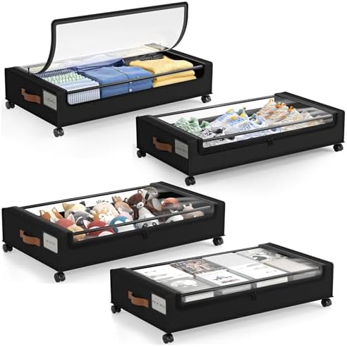 LAMU Under Bed Storage with Wheels, 4Pack Underbed Storage Containers,Black | Smooth-rolling Wheels, Clear Lid & Label, Sturdy Metal Frame, Easy Install, Rolling Storage Drawers for Clothes, Shoes, Toys by YourHome-OrganizationHelper