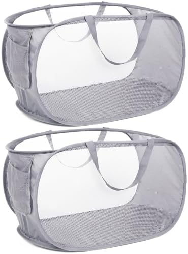 Durable Collapsible Laundry Baskets, Mesh Pop Up Laundry Hamper with Side Pocket, Foldable Clothes Hamper with Reinforced Carry Handles for Laundry, Bathroom, Kids Room, Dorm or Travel 2 Pack Grey by Bemkoo