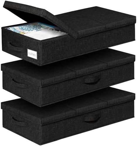 punemi 6 in Tall Stackable Under Bed Storage Containers, 3 Pack, Black | Drawer Organizers Box with Sturdy 3 Handles, Clothes Drawer Organizers, for Under Crib, Couch & Closet Storage by Punemi