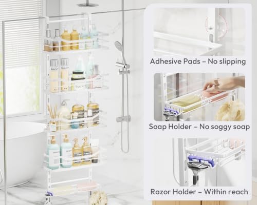 SWTYMIKI Over the Door Shower Caddy - 5 Tier Adjustable Shower Organizer Hanging with Soap Holder, No Drilling Stainless Steel Bathroom Rack Hanging for Body Wash, Shampoo, Soap, Razor, White - Image 6