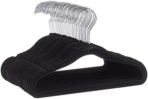 Amazon Basics Kids Space Saving Velvet Non-Slip Clothes Hangers with Shoulder Notches for Infant and Toddler, 11.6", Black, 50-Pack by AmazonBasics