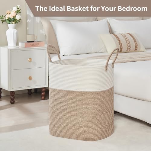 AINUOQI Laundry Basket with Handles - Blanket Basket & Hampers for Bedroom Aesthetic, Laundry Hamper & Blanket Storage for Living Room, Clothes Hamper, Tall, Large 17" x 14" x 26”, White & Rice Brown - Image 6