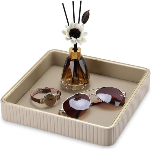 GORESE Square Perfume Tray Nightstand Organizer, PU Leather Purse Bowl Jewelry Trays for Dresser, Trinket Dish Catchall Bowl for Keys, Decorative Vanity Tray, Gift for Women, Beige(9.3'' × 9.3'') by GORESE