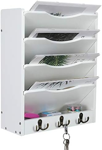 PAG-Mass 5-Tier Wall File Holder Hanging Mail Organizer Wood Magazine Literature Rack with 6 Hooks, White - Image 3