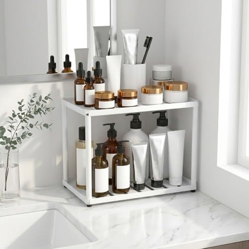 2 Tier Bathroom Counter Organizer, Rectangular Vanity Organizer Shelf, Skincare and Makeup Countertop Storage Rack for Kitchen, Bathroom, Bedroom,White - Image 2