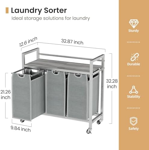 SwaaVee Laundry Sorter, Laundry Hamper 3 Section, 3×11.4Gal, Metal Frame Rolling Laundry Basket with Wooden Top Shelf, Pull out and Removable Laundry Bags, 3 Bags-Gray - Image 2