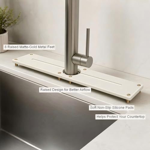 2PCS Stone Faucet Mat for Kitchen Sink, Water Absorbing Sink Tray Organizer for Bathroom Counter, Diatomite Soap Dish Coaster Caddy Riser, Sponge Holder Dispenser Mat, Gold White 23.6" x 4", 1 Set - Image 4