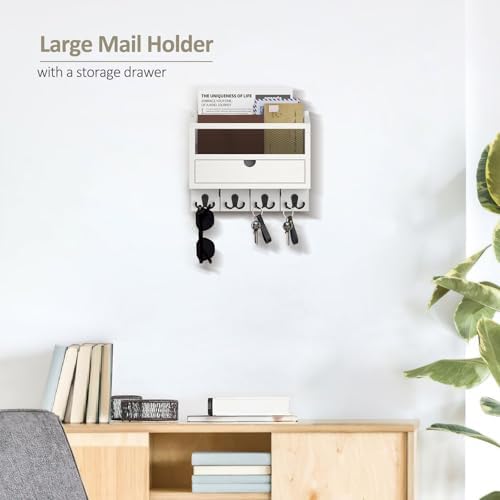 Nekon Mail Organizer with Drawer for Wall, Wooden Key Holder, White - Image 3
