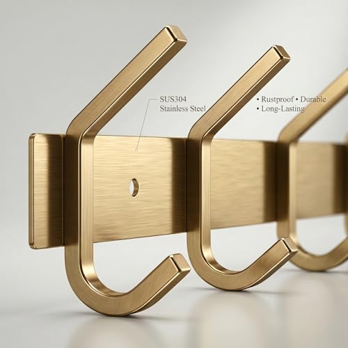 Brushed Gold Wall Mounted Coat Rack – 17 Inch Stainless Steel Rail with 6 Double Coat Hooks for Entryway, Bathroom, Bedroom, Kitchen – Modern Gold Hook Rack for Coats, Hats, Towels - 2 Pack - Image 4