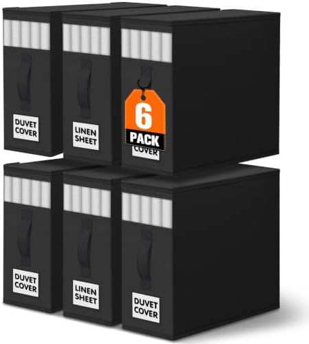 WOWBOX Sheet Organizers and Storage,Closet Bed Sheet Organizer Under Bed Storage and Organization with Label Cards & Clear Window for Bedding Sheets,Duvet Covers,Blankets (6 Pack，Black) by WOWBOX
