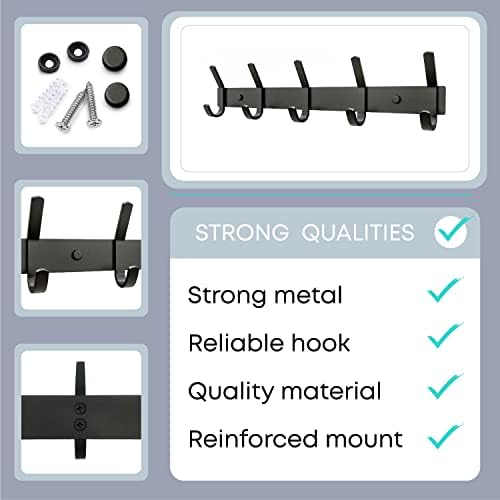 Coat Rack Wall Mount – 15 Inch Stainless Steel Hook Rail with 5 Double Coat Hooks for Hanging – Wall Mounted Entryway Organizer for Coats, Hats, Bags, Towels, Robes, Closet or Bathroom - Black 2 Pack - Image 3