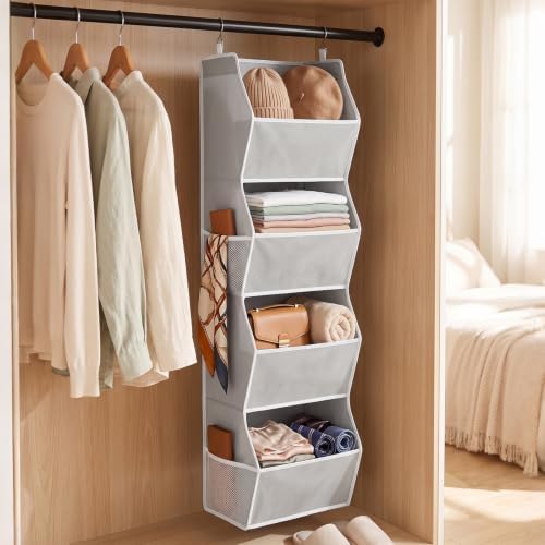 Libeder 4 Shelf Hanging Closet Organizer and Storage, Grey | Anti-Sagging Closet Hanging Shelf with Mesh Side Pockets, Space-saving Fabric Hanging Storage Bins for Cloths with Hooks - Image 2