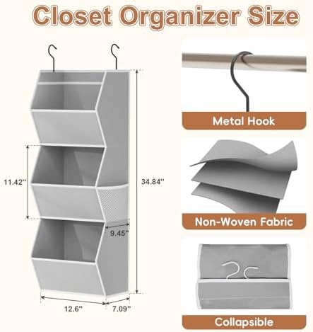 Closet Hanging Organizer with Pockets, 3 Shelf Hanging Clothes Organizers | Kids Closet Organizers and Storage for Clothes Fabric Hanging Storage Bins for Wardrobe Closet Organization and Storage, Grey - Image 3