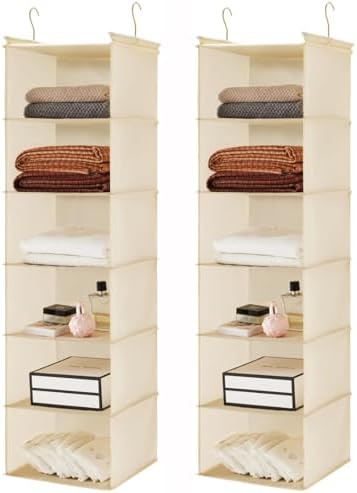 MAX Houser 2 Pack 6 Tier Foldable Hanging Closet Organizer, Beige | foldable lightweight fabric closet storage, space-saving design for Bedroom, Closet Hanging Shelf for Storage by MAXHouser