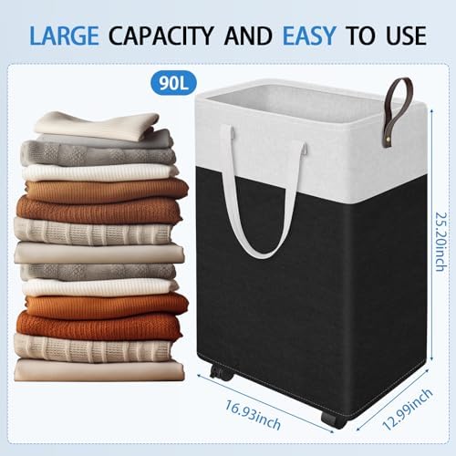 HomeHacks 90L Rolling Laundry Basket with 4 Wheels Collapsible Black - Image 2