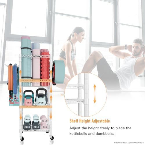 FUTASSI Home Gym Storage, 3 Tiers Workout Equipment Organizer with Wheels for Yoga Mats, Foam Roller, Dumbbells, Kettlebells, and Resistance Bands - Image 4