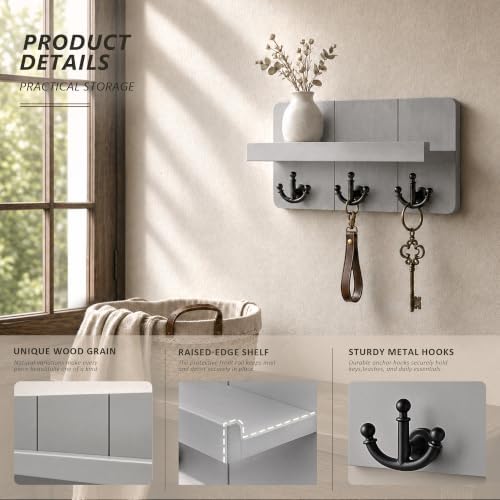 Rebee Vision Key Holder Wall Mount with 3 Key Hooks for Entryway,Light Gray - Image 6