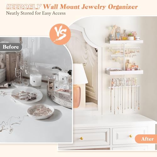Keebofly Wall Mounted Jewelry Organizer with 2 Tired Shelves & Ring Holder- Jewelry Holder Wall Storage Display for Earrings, Necklace, Bracelet, Hair Accessories for girls in Bathroom Bedroom, White - Image 6