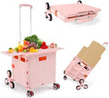 Foldable Utility Cart with Stair Climbing Wheels,Collapsible Rolling Crate with Magnetic Lid Telescopic Cover,Telescoping Handle,360° Rotate Wheel Hand Cart for Teacher Shopping Moving Grocery(Pink) by ZIYOULANG