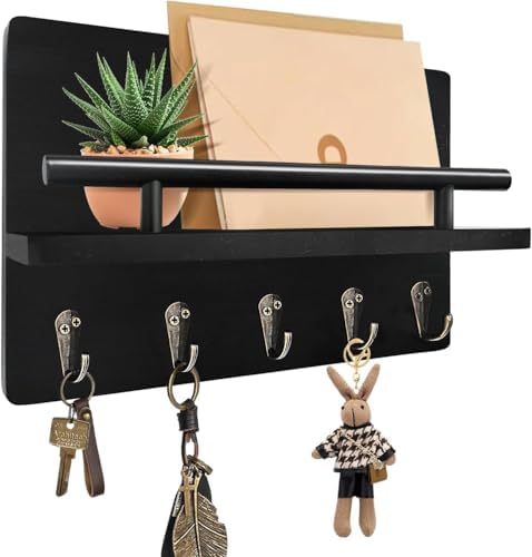 Key Holder Wall Mount with Shelf & 5 Sturdy Hooks, Rustic Mail Organizer Hanging Dog Leash, Glasses, Wooden Key Hanger with Mounting Hardware by KISENG