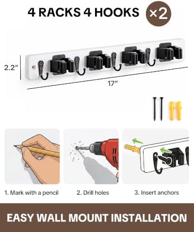 Lorbro 2 Pack Broom Holder Wall Mount, Wooden Rack with 4 Slot & 4 Hook - Image 3