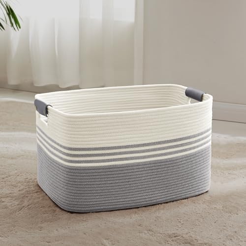 60L Woven Laundry Basket Hamper with Leather Handles,Grey by SunNewt