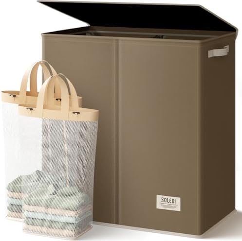 SOLEDI Large Double Laundry Hamper with Lid, Collapsible Clothes Hamper 2 section with Removable Bags, Space-Saving Laundry Basket for Bedroom, Dorm, College by SOLEDI