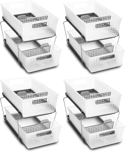madesmart 2-Tier Organizer Slide-Out Baskets with Handles, Space Saving, Multi-Purpose Storage & BPA-Free, Large, Frost-with Dividers (Pack of 4) by madesmart%C2%AE
