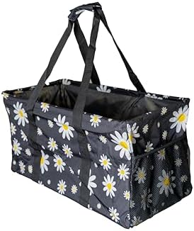 Extra Large Utility Tote Bag - Oversized Collapsible Reusable Wire Frame Rectangular Canvas Basket With Two Exterior Pockets For Beach, Pool, Laundry, Car Trunk, Storage - Black Daisy by Lucazzi