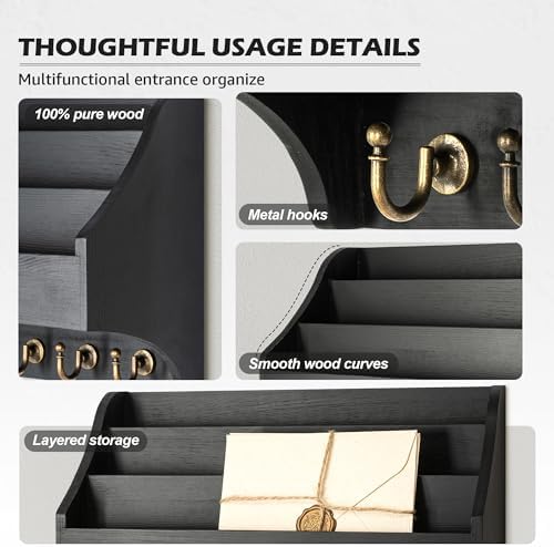Rebee Vision Mail Organizer Wall Mounted with 6 Key Hooks, Black - Image 5