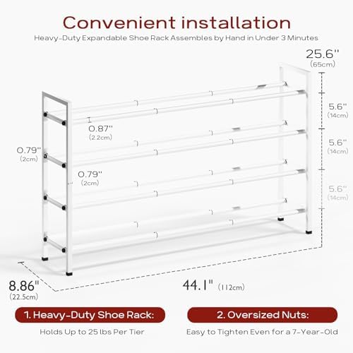 Bumusty 4 Tier Long Expandable Shoe Rack for Closet, White - Image 3