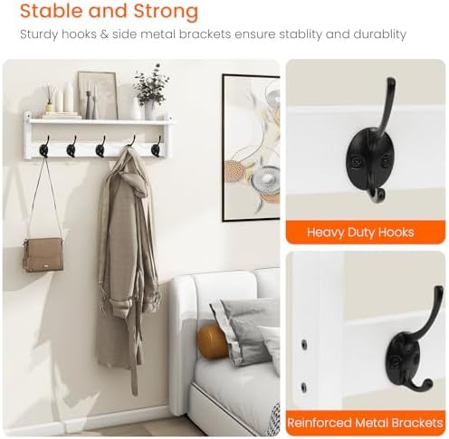 Homode Coat Rack with Shelf Wall Mount, 24 Inch Long Wall Shelf with Hooks Underneath, Wood Hanging Coat Hanger with Hat Shelves for Entryway, Bathroom, Mudroom, White - Image 4
