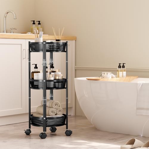 TOOLF 3 Tier Foldable Rolling Cart, Metal Utility Storage Cart, Black | Assembly-Free, Lockable Wheels, Round Trolley Organizer for Bathroom, Kitchen, Office, Dorm, Laundry, Craft Room - Image 6