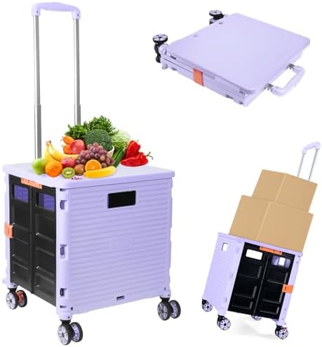 Foldable Utility Cart Folding Portable Rolling Crate Handcart Shopping Trolley Wheel Box with Lid Wear-Resistant Noiseless 360°Rotate Wheel for Travel Shopping Moving Storage Office Use (Purple) by ZIYOULANG