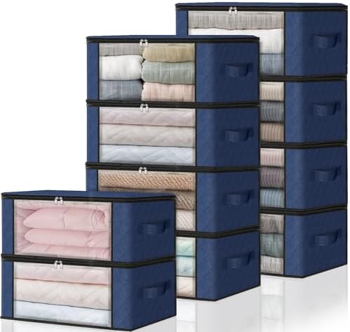 HomeHacks 10-Pack Clothes Organizer Storage Bags, 35L Storage Bins, Blue | Foldable Storage Box Container with Zippers, Clear Window, Reinforced Handles for Closet, Dorm, Pillows, Bedding, Sweater by HomeHacks