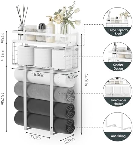 Towel Racks for Bathroom, Bathroom Shelf Over Toilet,Floating Shelves with Towel Rack Paper Holder Storage Basket,Floating Shelves for Wall Decor,White - Image 3