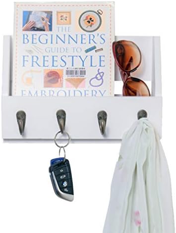 Wall Mounted Key and Mail Holder with 4 Hooks. Made of Solid Wood. Use as Key Rack, Entryway or Mudroom Organizer, Mail Sorter, Magazine Holder, Bill Sorter, Rustic Home Décor (White) by Flintar
