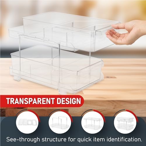 Masirs 2-Tier Clear Pull-Out Drawer Organizer - Sleek, Compact & Sturdy Makeup and Closet Organizer - Easy Assembly Kitchen Storage Solution, Ideal for Makeup, Tools, Medicines & Snacks - Image 5