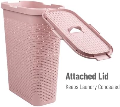 Mind Reader Slim Laundry Hamper with Lid, 40L Clothes Basket, Narrow Tapered Design with Ventilated Cutout Pattern, Plastic, Pink - Image 5