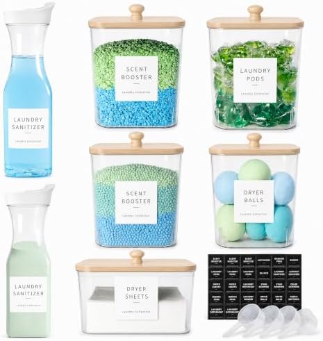 5+2 Pack Laundry Pods Containers & Dryer Sheet Holder & Laundry Detergent Dispenser, Laundry Room Organization and Storage Jars with Lids, Labels and Scoops for Scent Booster, Powder, Pods by Unknown