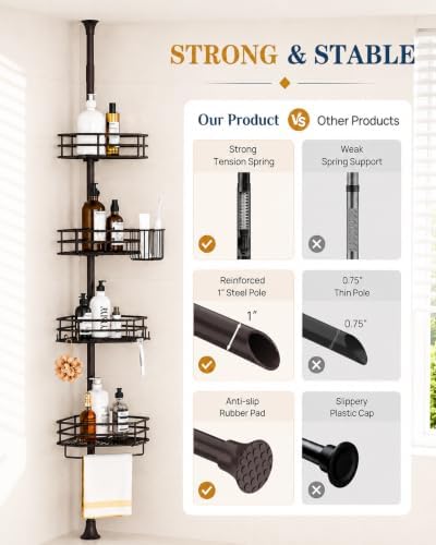 SEIRIONE Corner Shower Caddy Tension Pole, Quick Setup, Rust-Free Bathroom Shower Organizer Corner for Bathtub Shampoo Storage, 4-Tier Adjustable Shelf, Drill Free, Fits 34 to 116 Inch Height, Bronze - Image 6