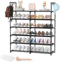 2-Row 6-Tier Stackable Shoe Rack, Black Metal Shoe Shelf with Multifunctional Hooks, Hold 24-30 Pairs, Space Saving Shoes Organizer for Closet,Show Rack by DYJIEKAI