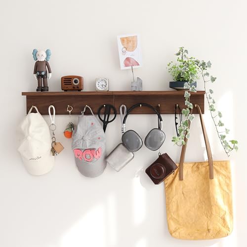 Wall Mount Walnut Coat Rack, 5 Brass Hooks, Floating Shelf by CreatedOn2005