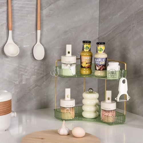 2-Tier Corner Bathroom Organizer Countertop with Hooks, for Makeup, Perfume - Image 3