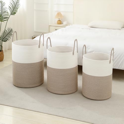 Laundry Basket Hamper Tall Rope Storage Woven for Blanket toys Dirty Clothes in Living Room Bathroom Bedroom (White&Brown, 80L/21.3Gal) - Image 6