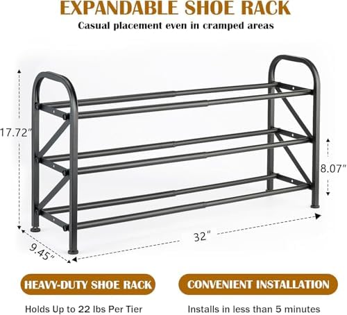 3-Tier Expandable Shoe Rack for Closet，Adjustable Shoe Rack，Black Metal Free Standing Shoe Rack for Entryway Closet Doorway - Image 3