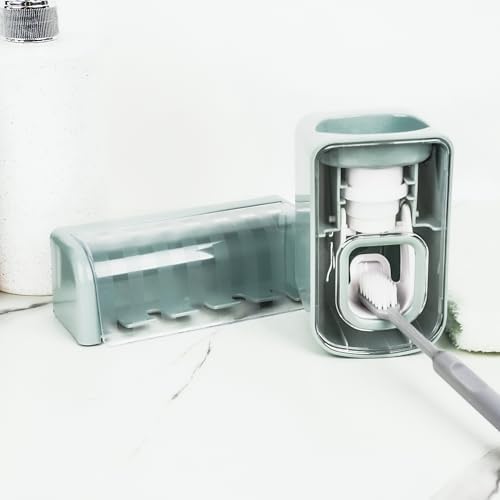 5 Slots Wall Mount Toothbrush Holder with Cover, Self Adhesive Toothbrush Storage Organizer for Shower, Toothbrush Hanger with Automatic Toothpaste Squeezer Dispenser (Blue) - Image 3