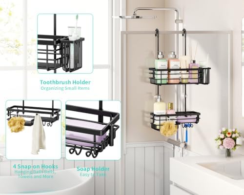 HapiRm Hanging Shower Caddy – For Renters & Small Bathrooms, Fits Shower Curtain Rods, No Drilling, 2 Rustproof 304 Shelves, 4 Hooks, and a Detachable Toothbrush Holder You Can Rinse - Black - Image 2